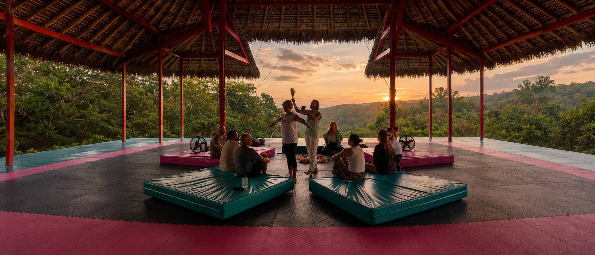 Ceremony circle at sunset, open-air maloca overlooking jungle, Puerto Escondido